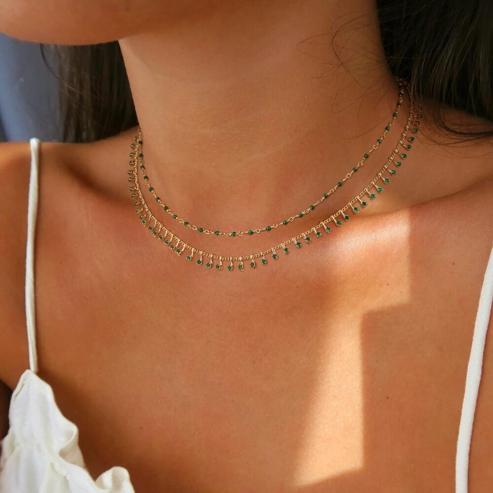 Beaded Necklaces for Women 14K Gold Plated Dainty Colorful Green/Rose Beaded Pea - Picture 3 of 7